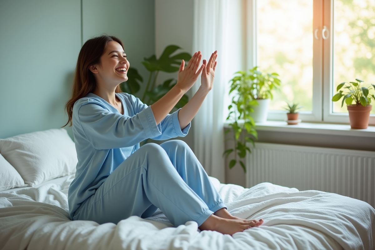Femme souriante et détendue au réveil dans sa chambre lumineuse