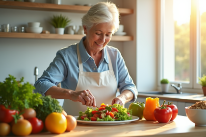 Femme senior souriante préparant une salade colorée dans la cuisine