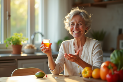 Femme senior souriante tenant une vitamine B12 à la main