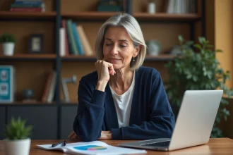 Femme d'âge mûr consultant un simulateur d'espérance de vie sur ordinateur portable avec une expression réfléchie