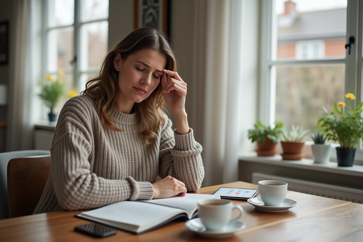Femme d'âge moyen en intérieur avec carnet et tasse de thé