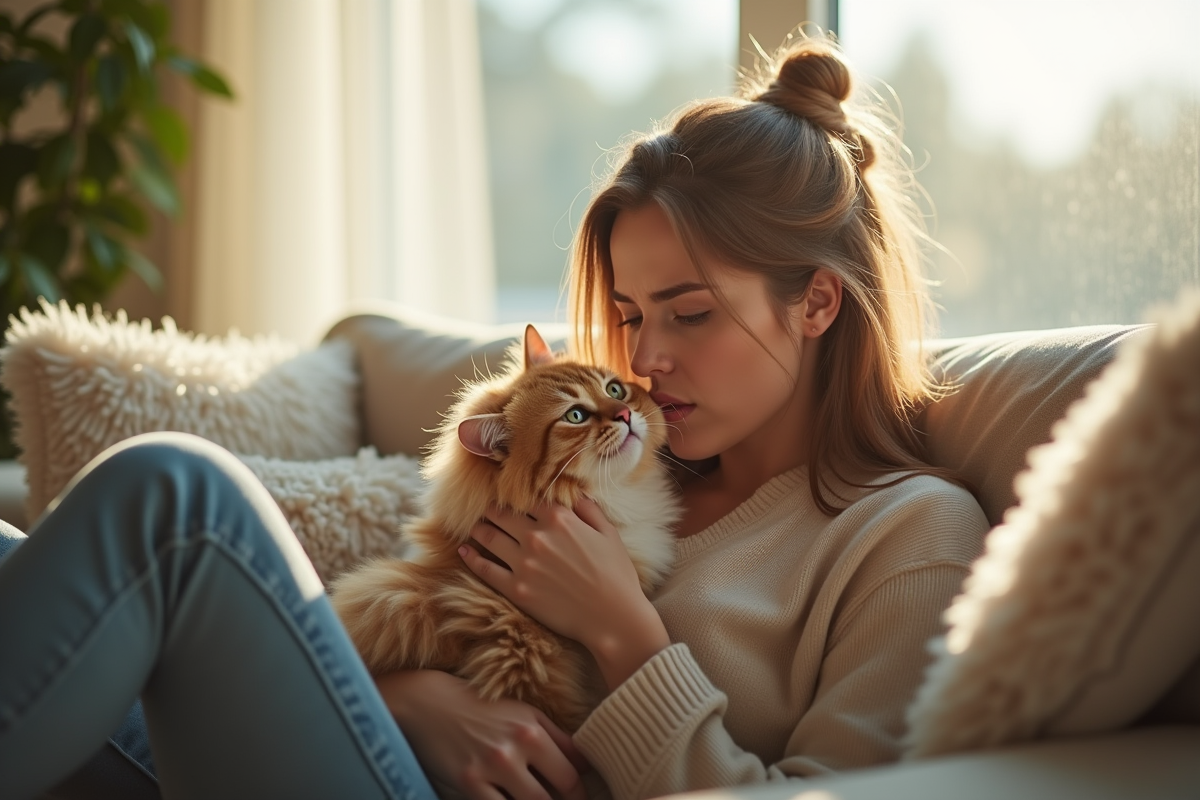 Femme assise sur un canapé ensoleille dans un salon avec un chat