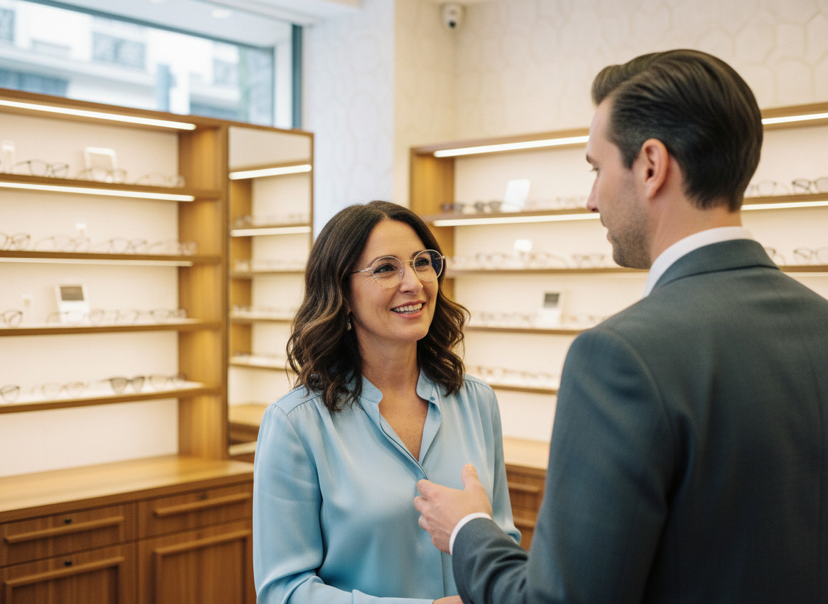 Femme souriante avec lunettes dans un magasin d'optique à Cannes