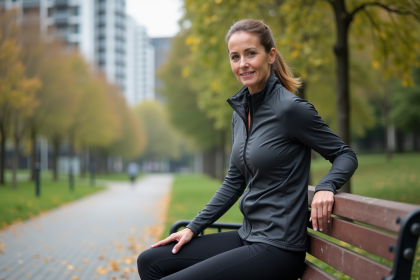 Femme sportive s'étirant dans un parc urbain en automne