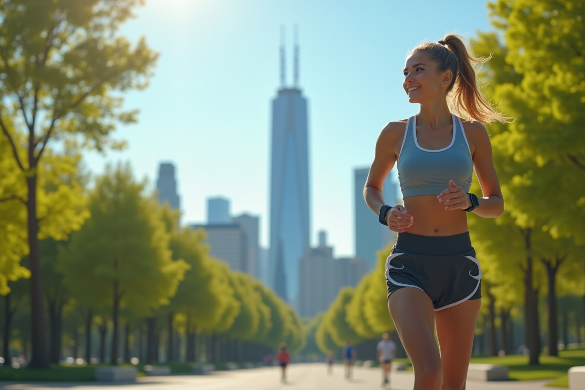 Jeune femme en tenue de sport dans un parc urbain ensoleille