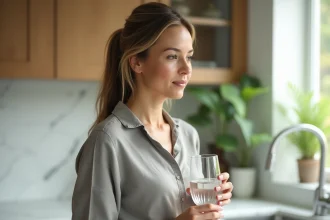 Femme tenant un verre d'eau claire dans une cuisine moderne, illustrant l'importance de bien s'hydrater pour la santé des reins