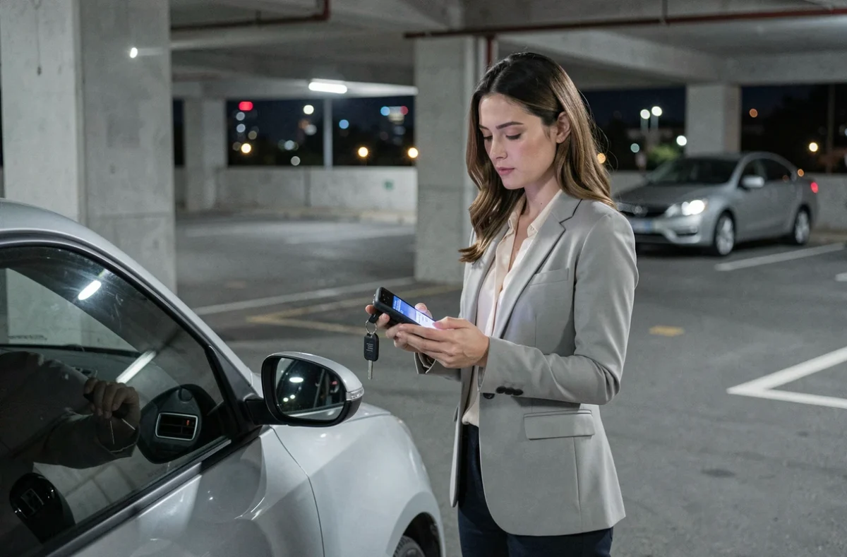 Femme devant sa voiture consultant un simulateur de taux d'alcoolémie sur son téléphone avant de conduire