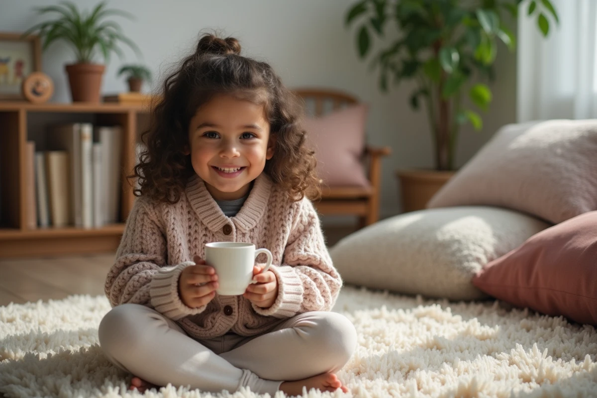 Jeune fille souriante de 5 ans buvant du rooibos dans le salon