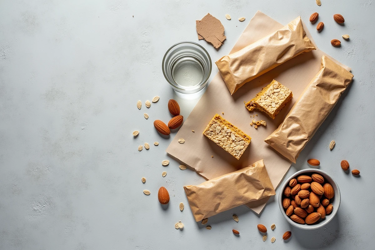 Vue en plongée de barres alimentaires complètes Feed disposées sur une table grise avec des notes nutritionnelles, illustrant l'analyse des repas de substitution