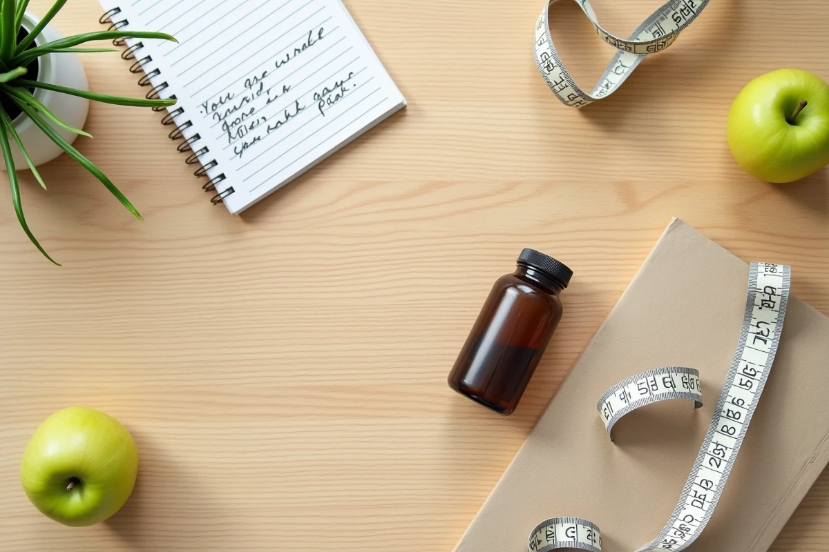 Flat lay minimaliste avec bouteille de brûleur de graisses, mètre ruban et carnet de bien-être