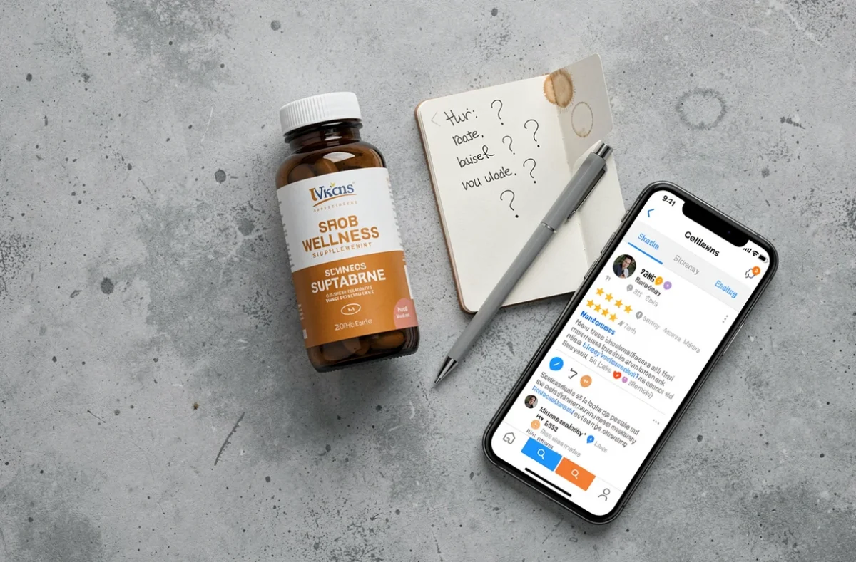 Flat-lay éditorial d'un flacon Purisaki, carnet de notes et smartphone avec avis en ligne sur béton gris