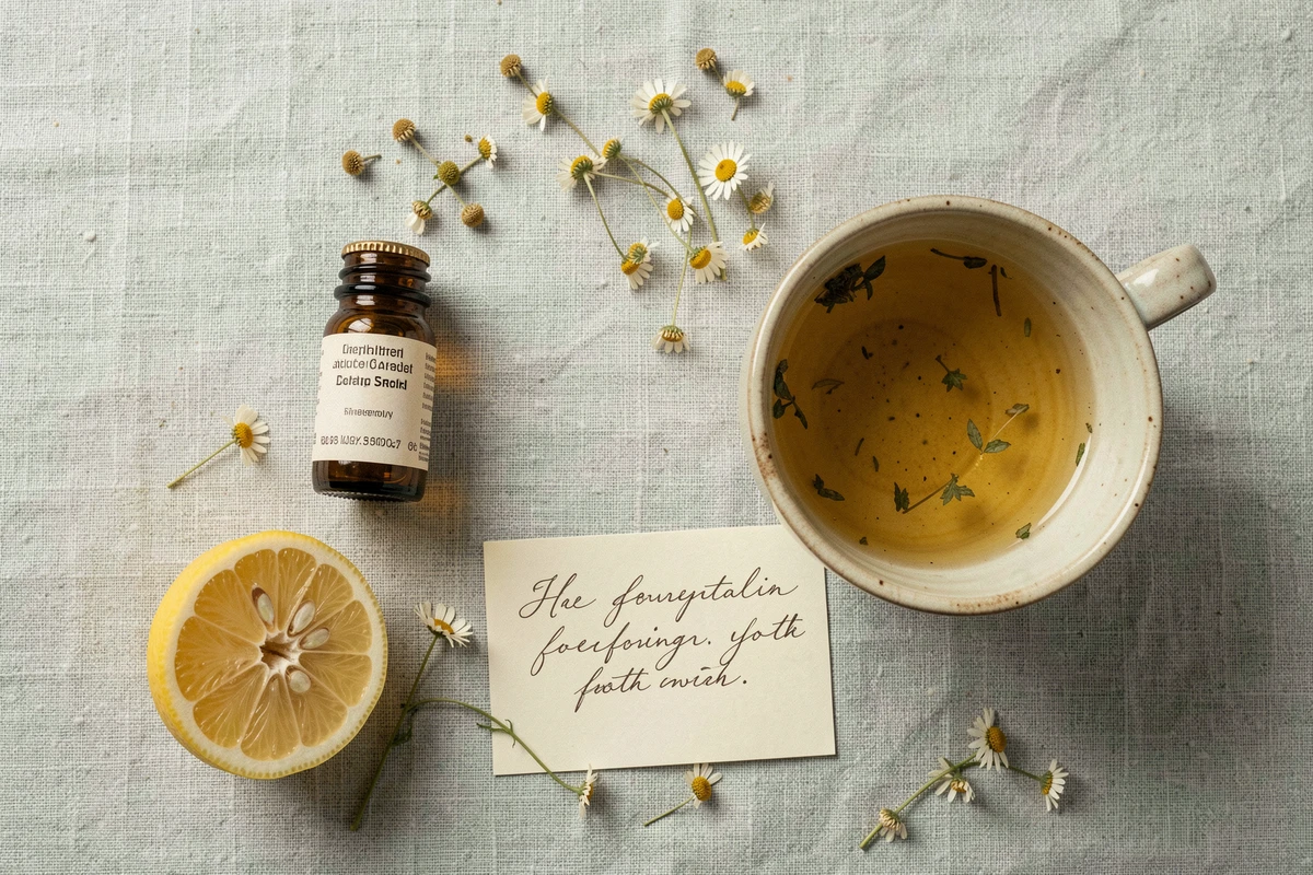 Flatlay de complément alimentaire Floravia pour la digestion avec tisane et ingrédients naturels