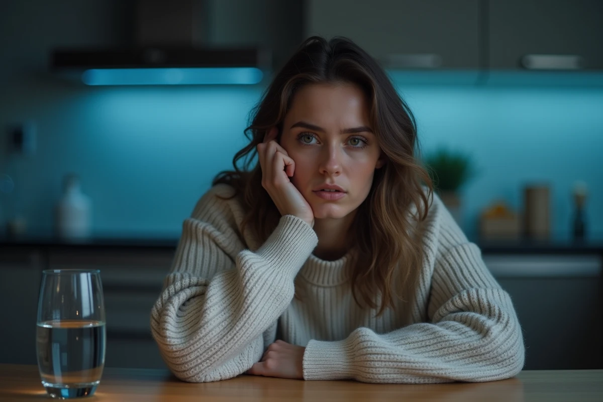 Jeune femme fatiguée assise à la cuisine tôt le matin avec le bras posé sur la table ressentant des fourmillements