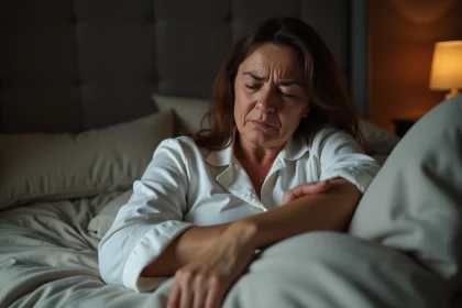 Femme éveillée la nuit tenant son bras engourdi avec une expression de gêne, allongée dans son lit