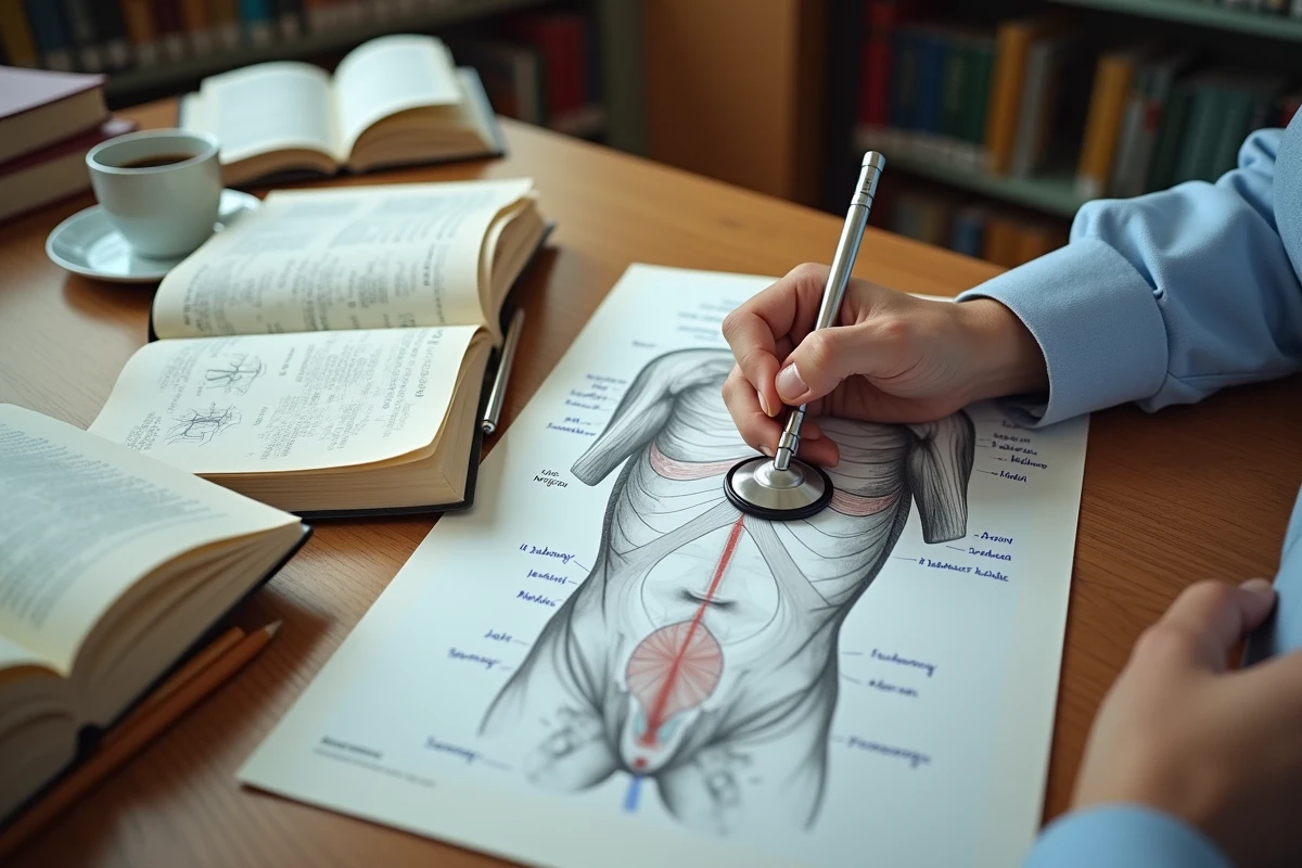 Mains d'étudiant en médecine positionnant un stéthoscope sur un schéma anatomique des foyers d'auscultation cardiaque