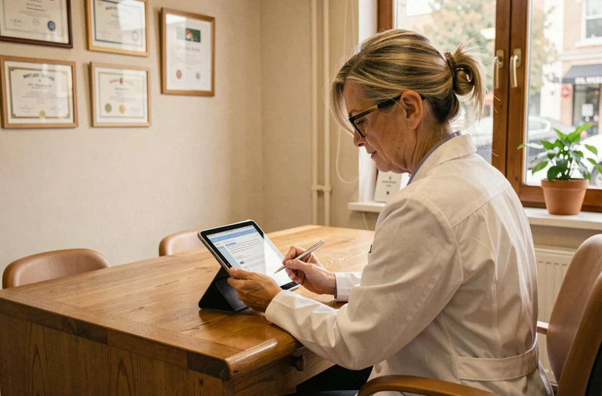 Françoise Lustman, dentiste expérimentée, consultant un dossier patient dans son cabinet Montjoie Dentaire