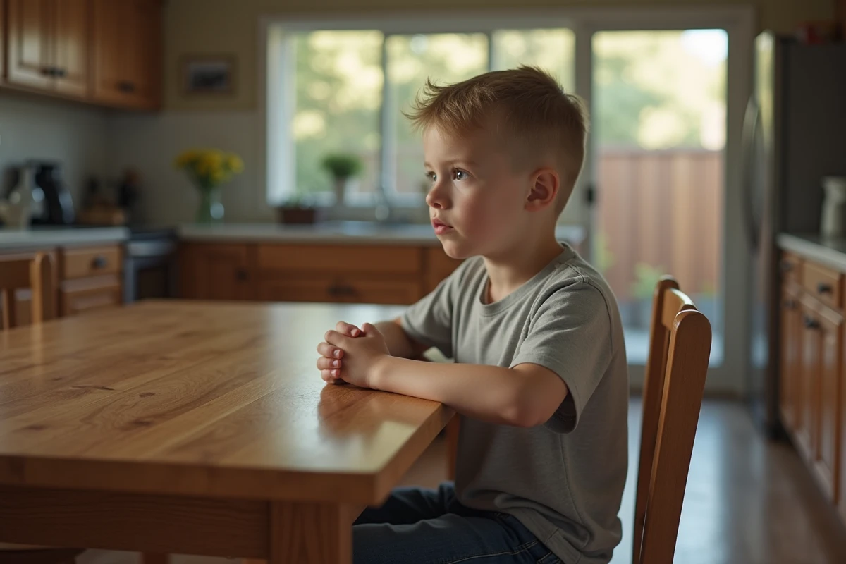 Gar&ccedil;on pensif seul &agrave; la table de la cuisine