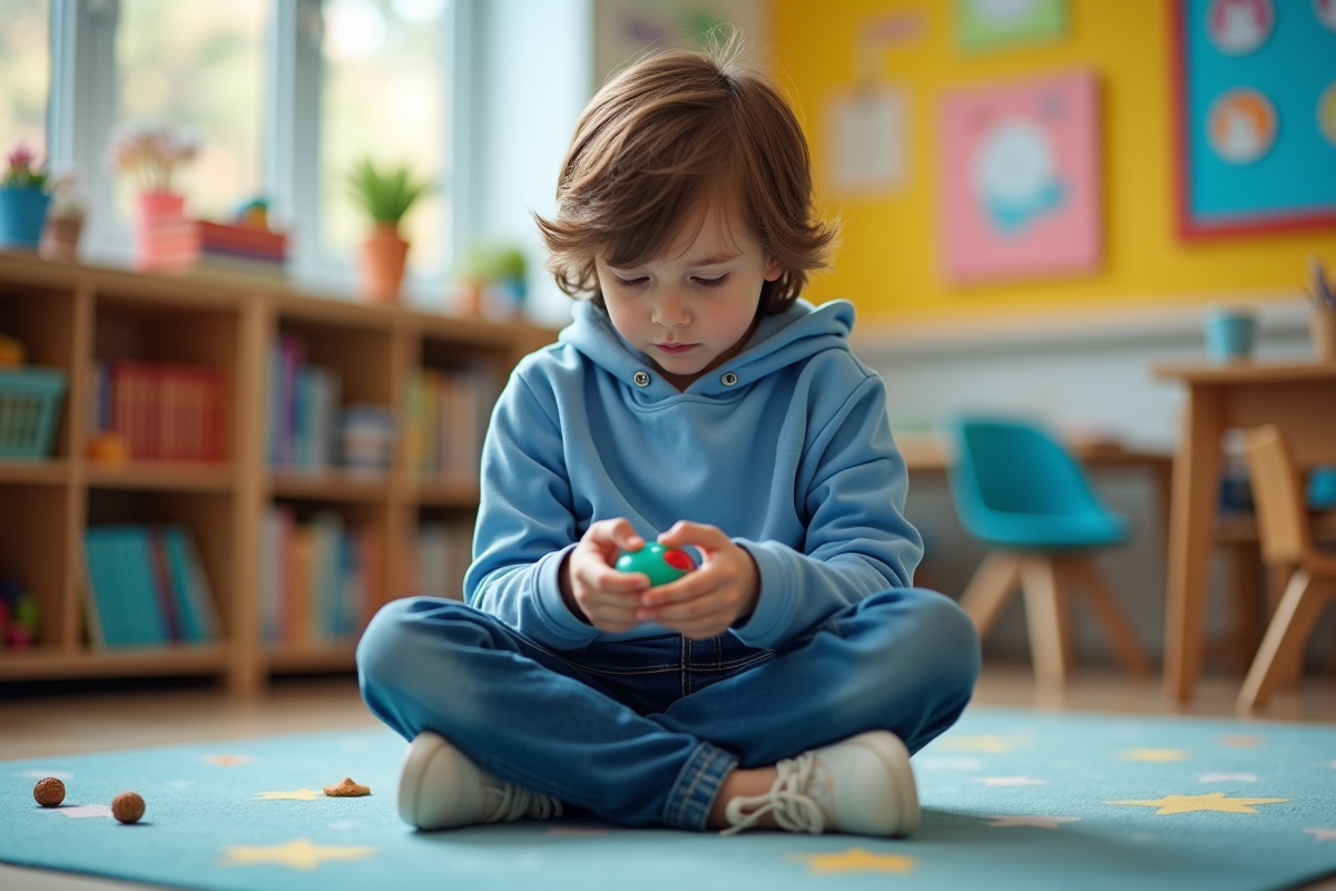 Jeune garçon concentré avec jouet sensoriel en classe