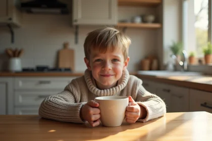 Jeune garçon de 7 ans tenant une tasse en céramique dans une cuisine lumineuse
