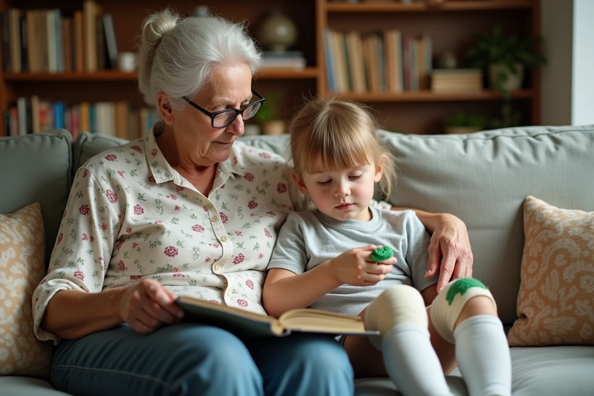 Grand-mère assise aux côtés d'un enfant de six ans portant un cataplasme d'argile verte bandagé sur le genou dans un salon familial