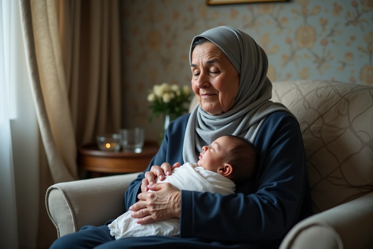 Grand-mère récitant doucement des sourates de protection sur un nourrisson endormi dans ses bras