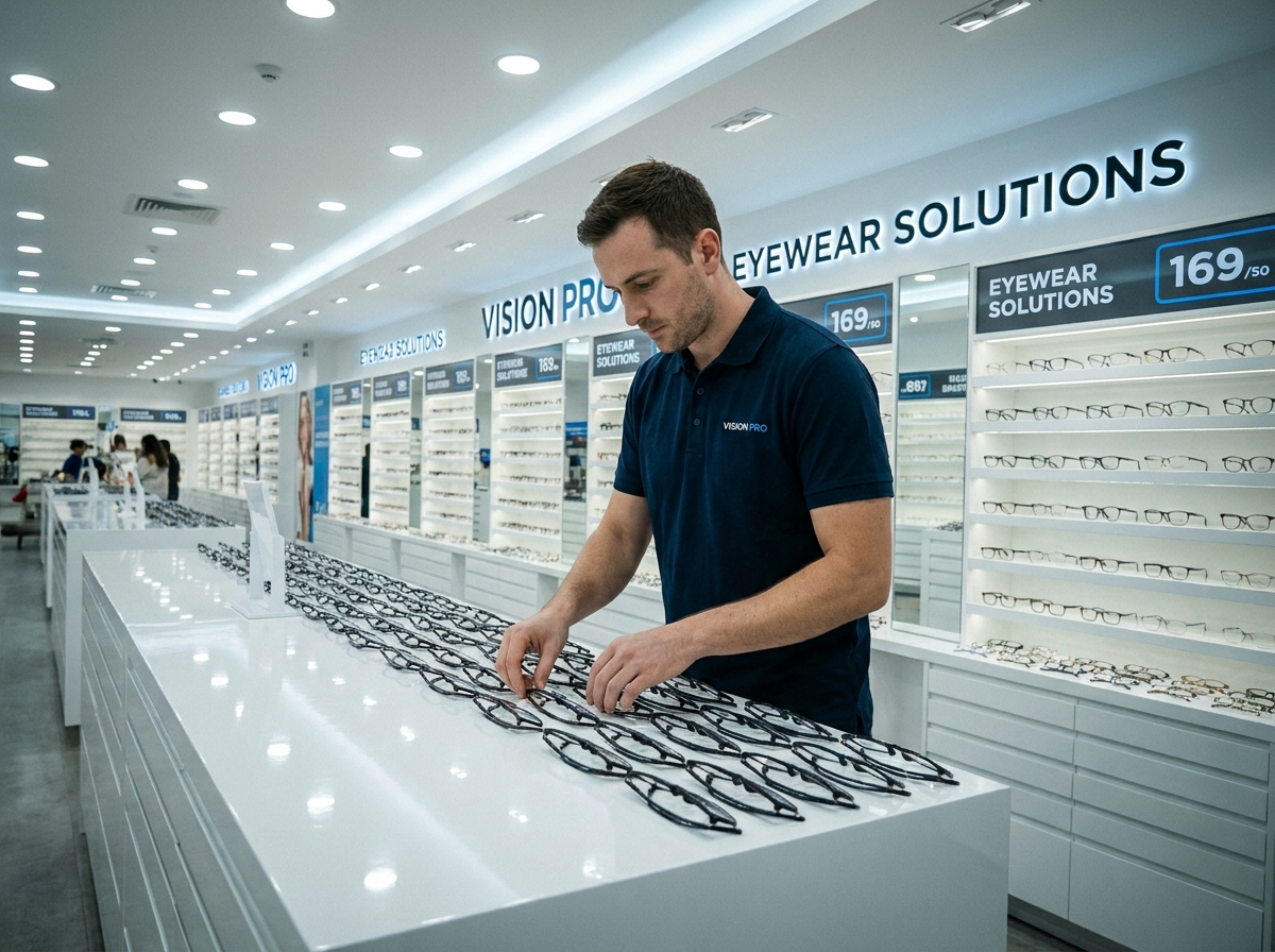 Employé d'une grande enseigne d'optique rangeant des montures de lunettes dans un magasin moderne et standardisé