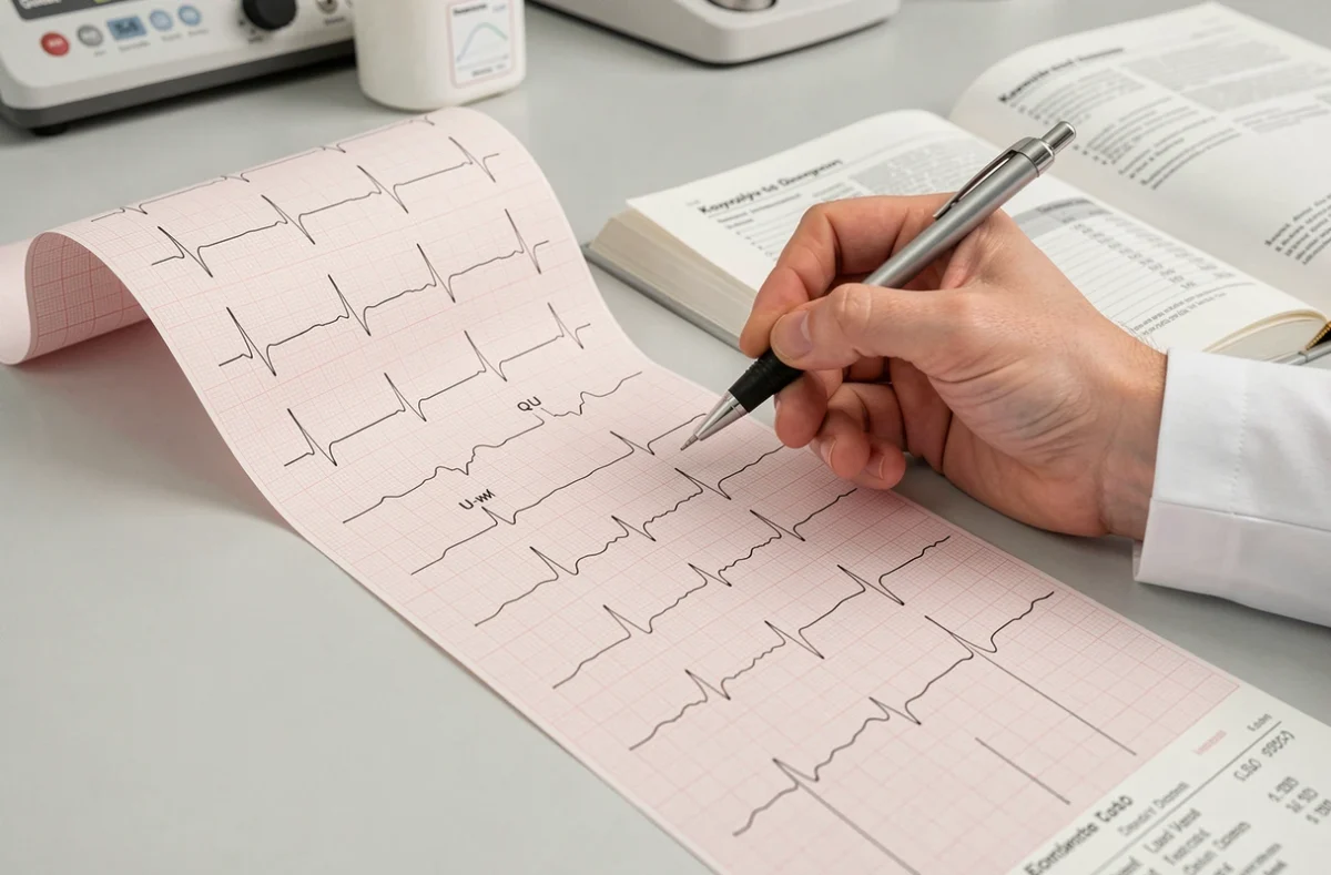 Gros plan d'un tracé ECG annoté illustrant les signes caractéristiques de l'hypokaliémie avec résultats biologiques