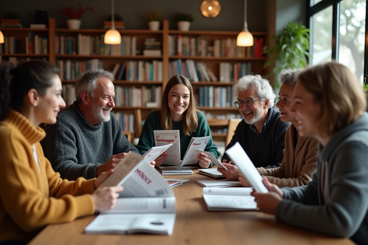 Groupe de personnes discutant autour de magazines dans une biblioth&egrave;que