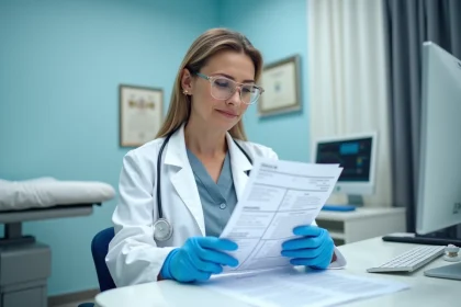 Gynécologue femme examinant les résultats d'un frottis cervico-utérin dans un cabinet médical moderne