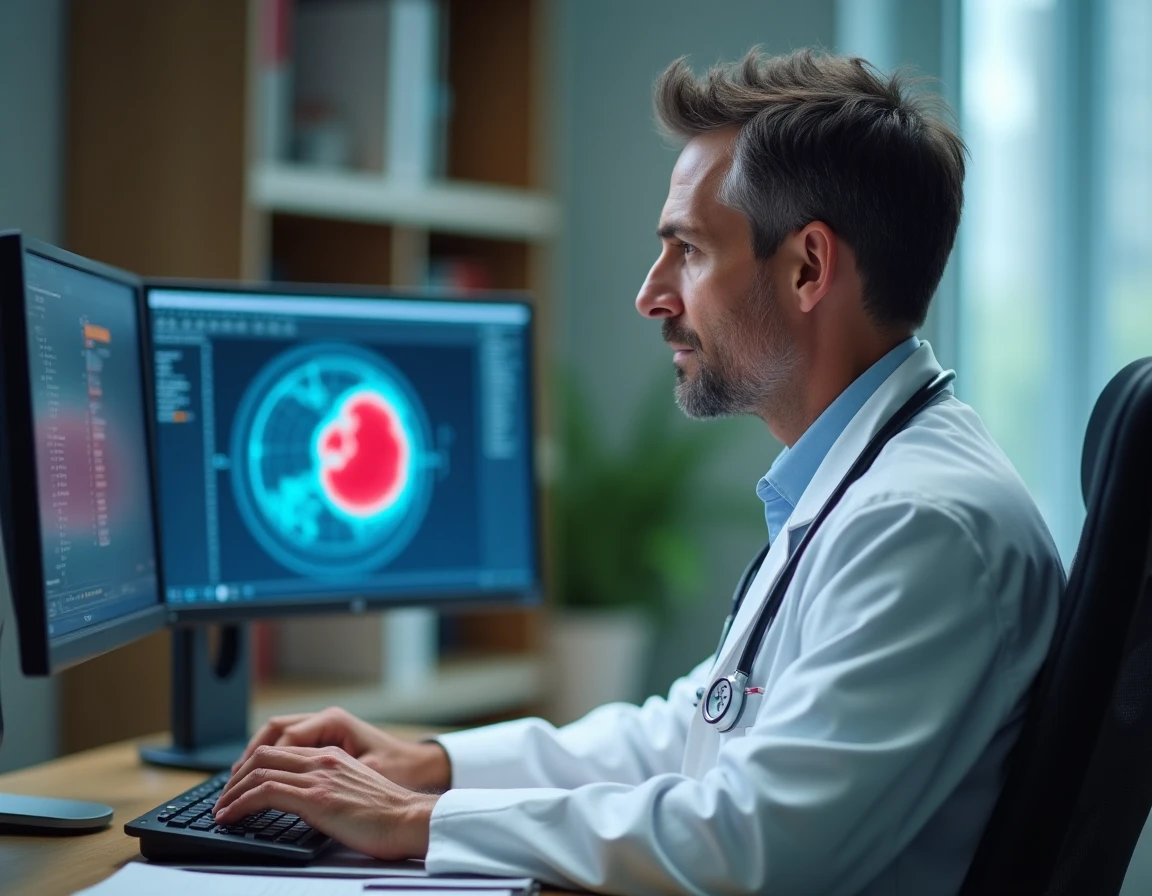 Hématologue consultant les résultats numériques d'un hémogramme incluant le TCMH sur poste informatique en milieu hospitalier