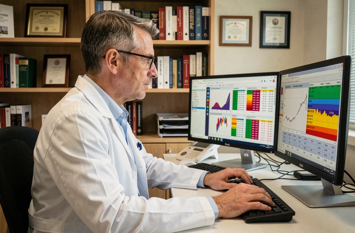 Hématologue analysant des données de numération formule sanguine sur écran dans un bureau d'hôpital