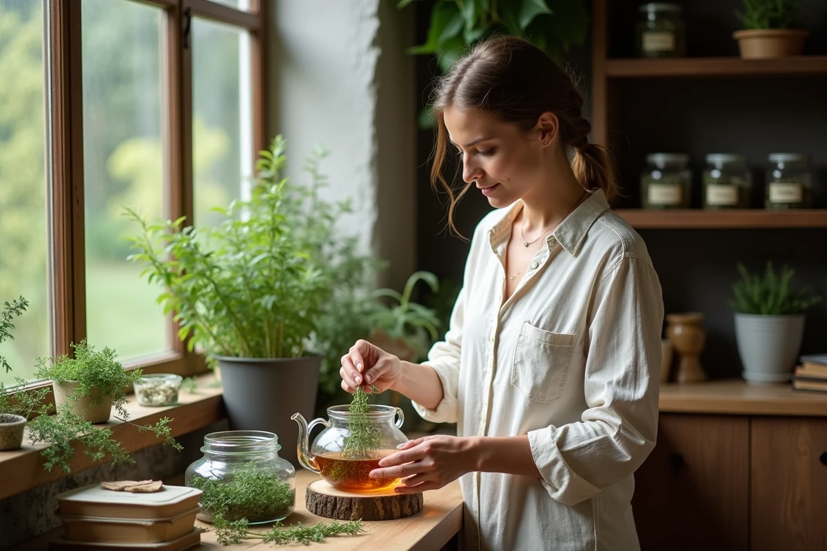 Herboriste pr&eacute;parant infusion de thym dans l