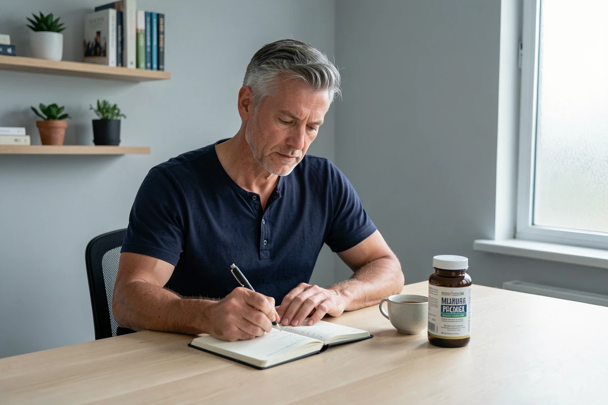 Homme prenant des notes sur les effets d'un complément digestif Floravia dans un bureau à domicile