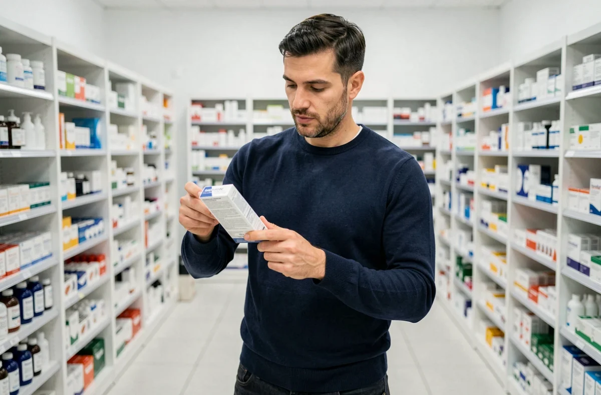 Homme examinant un complément alimentaire Purisaki dans une pharmacie, analyse des étiquettes produit