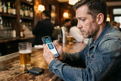Homme au bar consultant un simulateur alcool sur smartphone avant de prendre sa décision de conduire