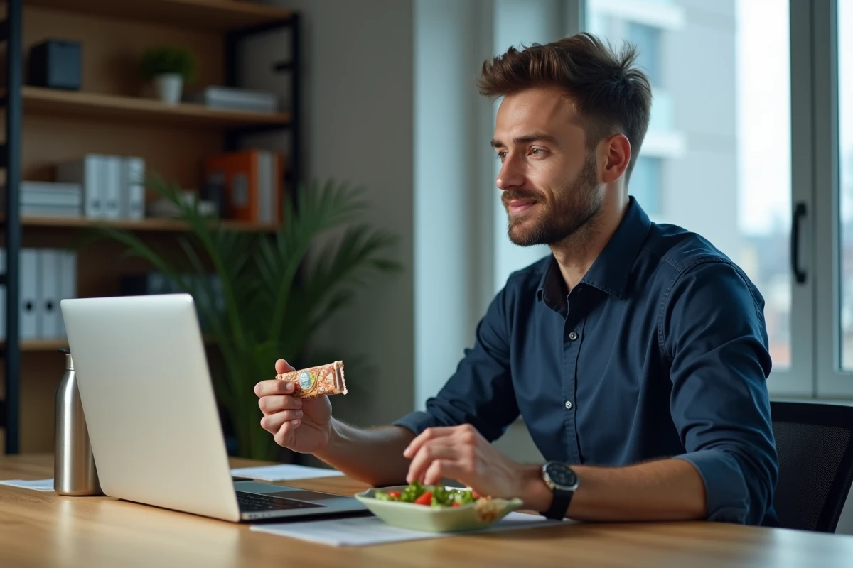 Homme mangeant une barre repas complète à son bureau pendant la pause déjeuner, questionnant la substitution des repas traditionnels par des barres nutritives