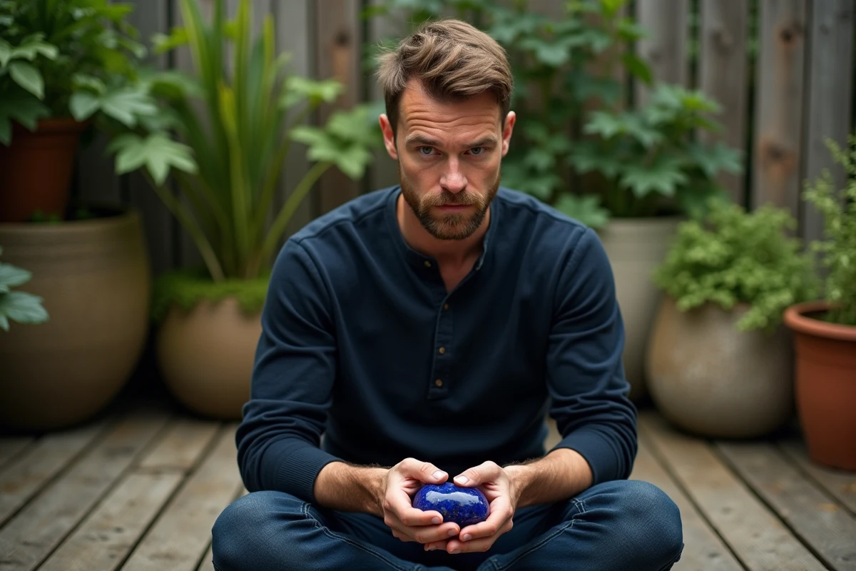 Homme en contemplation tenant un lapis lazuli pour explorer sa pierre de vie et sa mission spirituelle