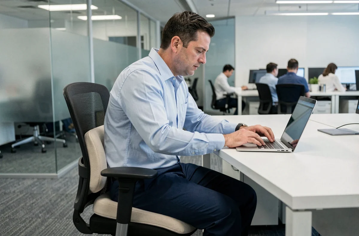 Homme en télétravail utilisant un coussin coccyx en forme de coin sur un fauteuil ergonomique de bureau