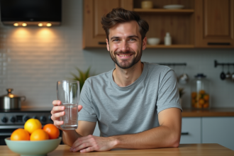 Homme détendu buvant de l'eau dans une cuisine moderne