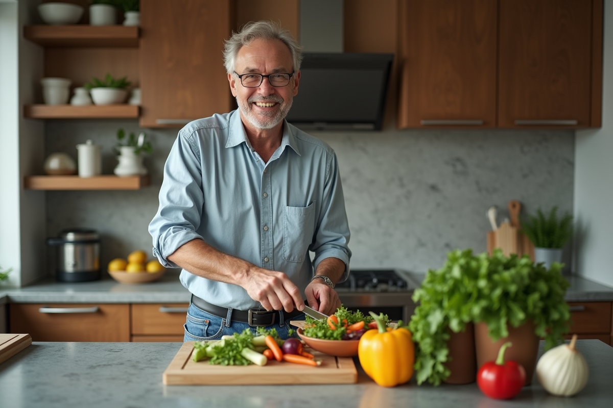 Homme préparant une salade dans une cuisine moderne