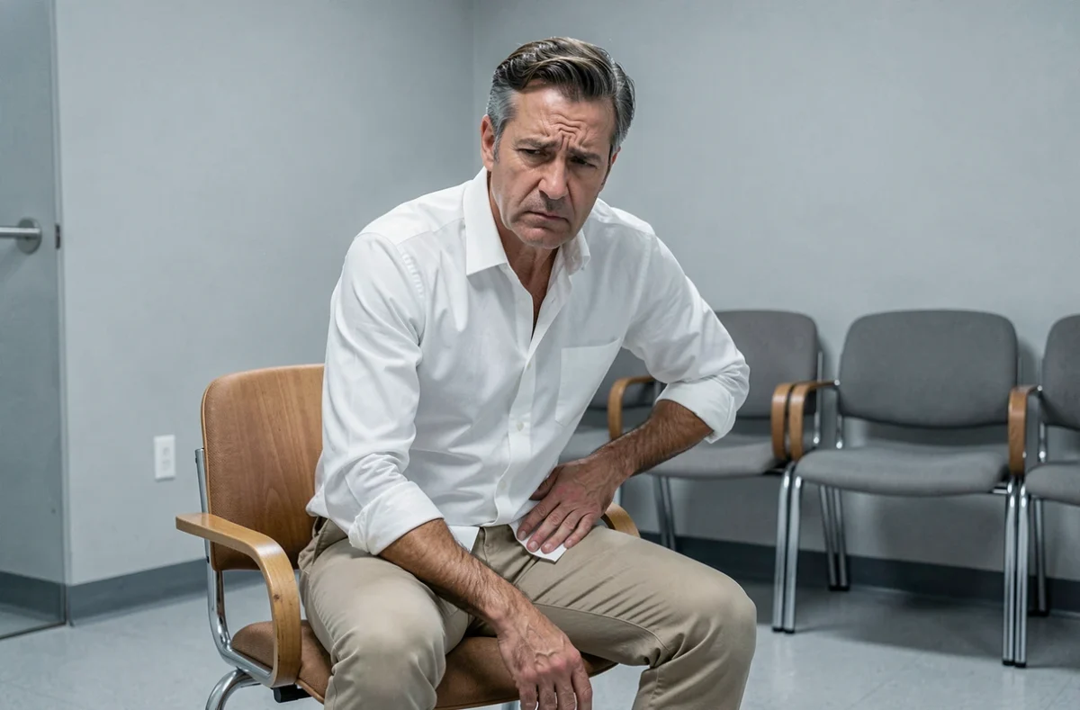 Homme assis dans une salle d'attente médicale, tenant son côté droit avec une expression de douleur persistante