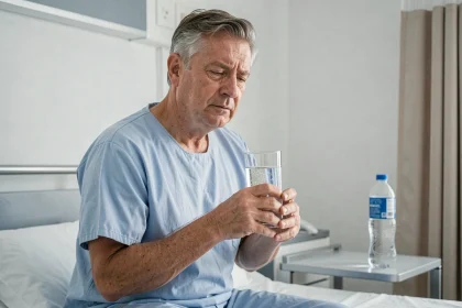 Homme tenant un verre d'eau minérale riche en bicarbonate dans une chambre d'hôpital pour soulager les coliques néphrétiques