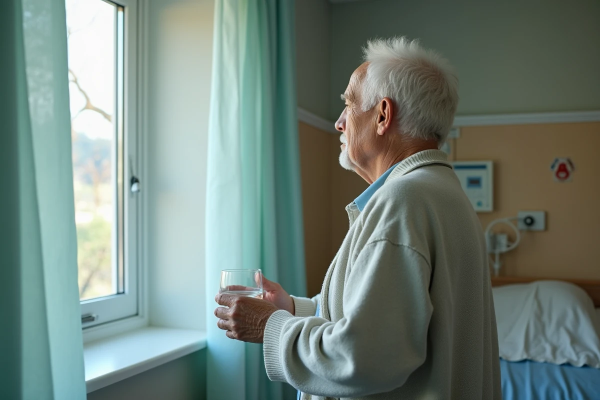 Homme âgé regardant par la fenêtre d