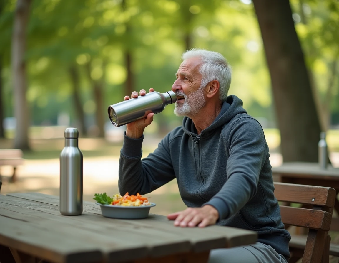 Homme buvant de l'eau à la bouteille réutilisable dans un parc, adoptant de bonnes habitudes d'hydratation pour préserver ses reins