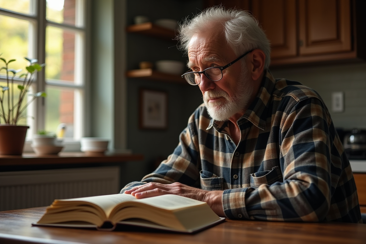 Homme agee lisant au petit matin