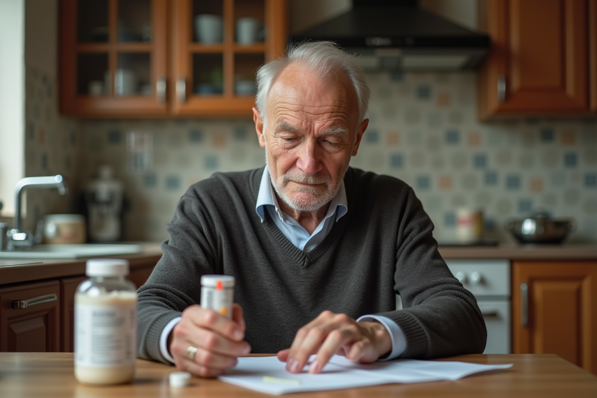 Homme âgé lisant des étiquettes de médicaments dans sa cuisine