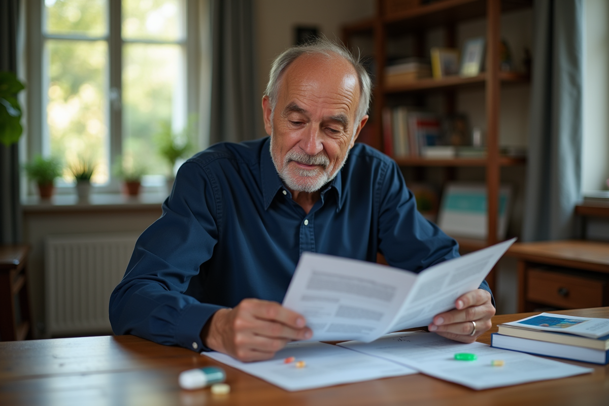 Homme âgé lit un livret avec capsules sur son bureau