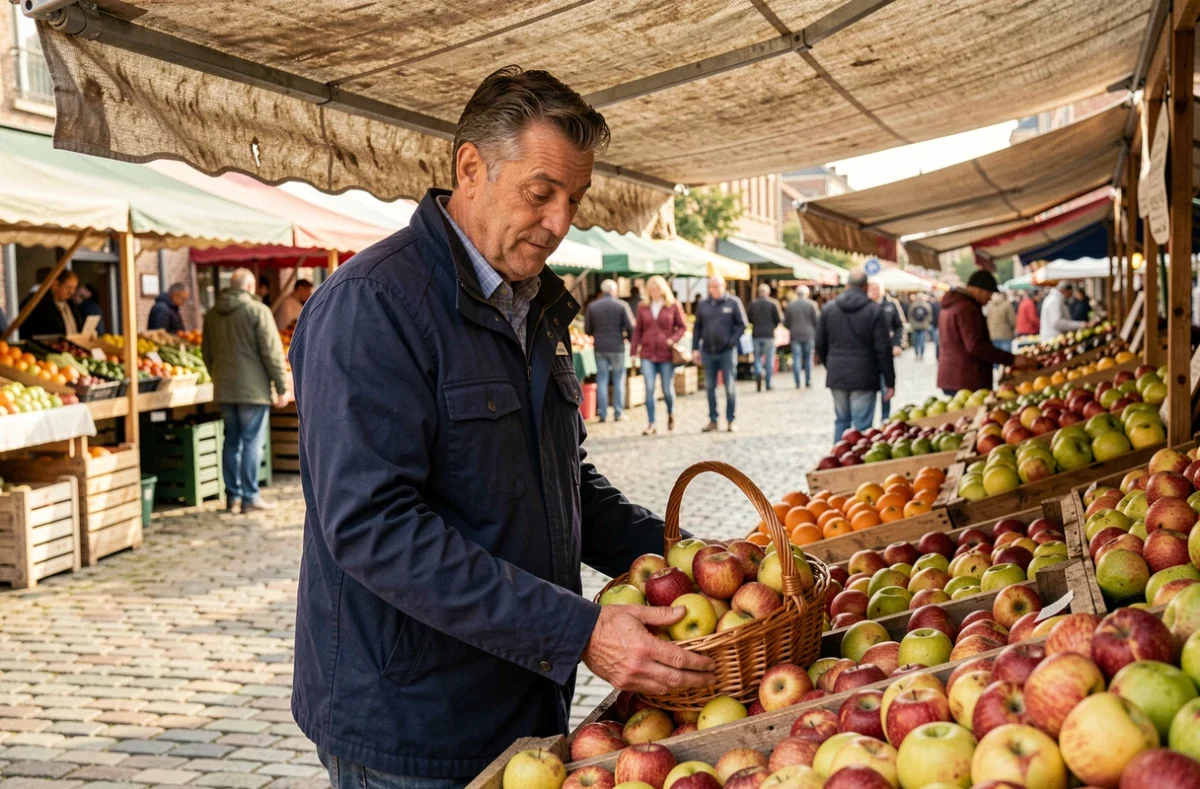 Homme examinant des pommes variées sur un étal de marché en plein air, symbole d'une alimentation saine pour le transit intestinal