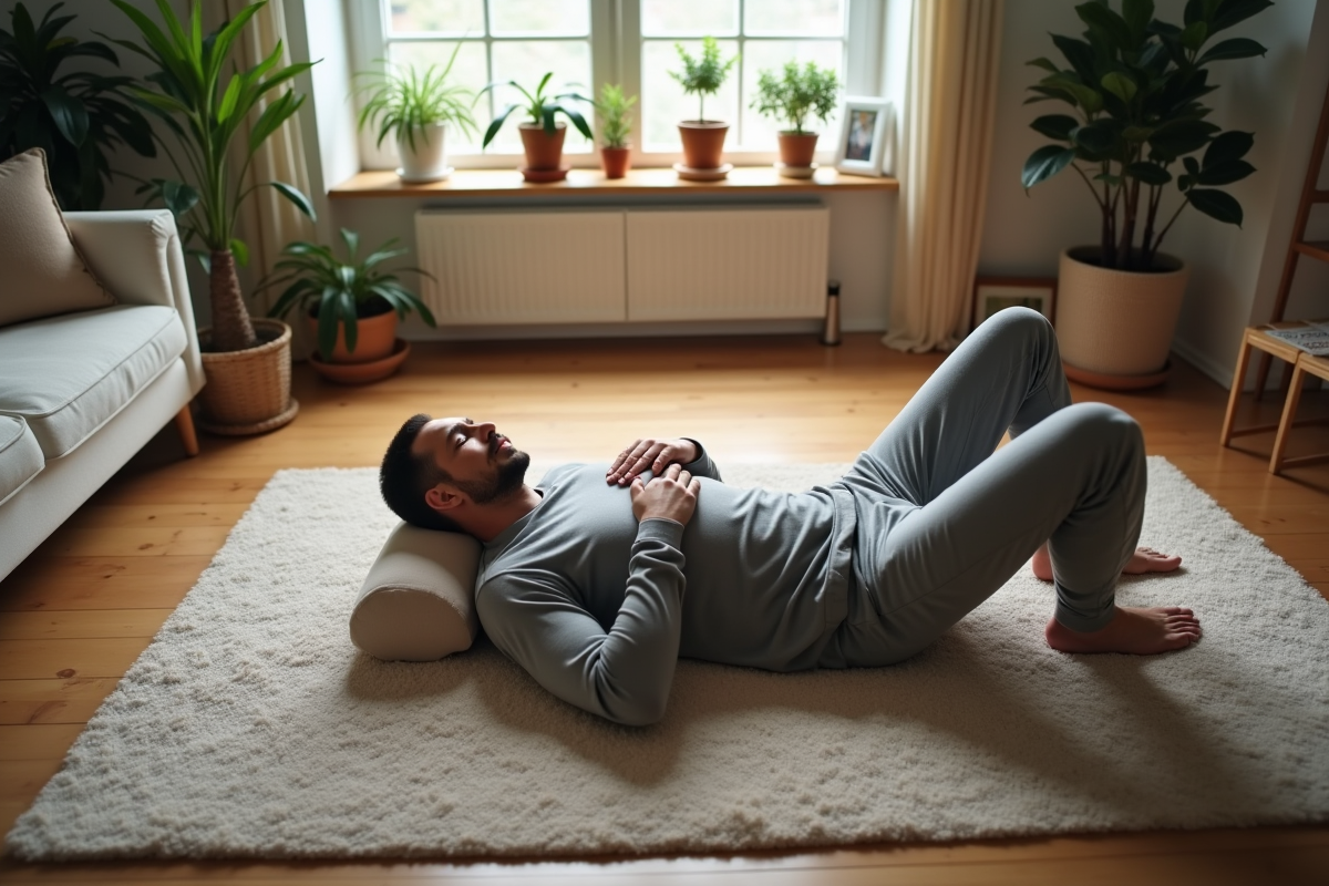 Homme en méditation allongé dans un salon paisible