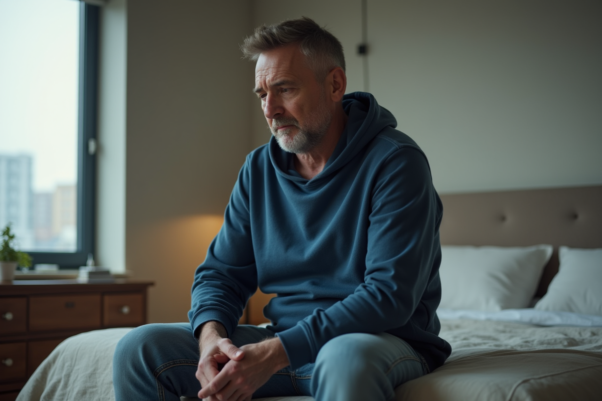 Homme d'âge moyen assis sur le lit avec regard pensif
